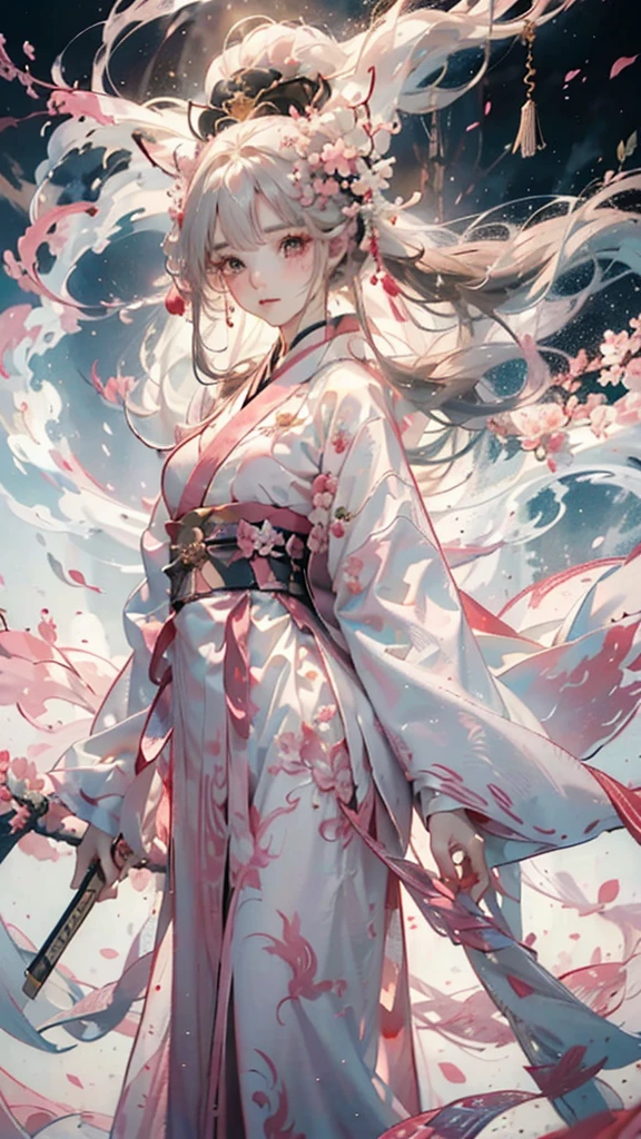 Cloud,Clouds,,Noble and elegant,Japanese nine-tailed fox girl,Long white hair flowing,Hairpin,Wearing a pink and white jumpsuit,走到Clouds樓梯中,