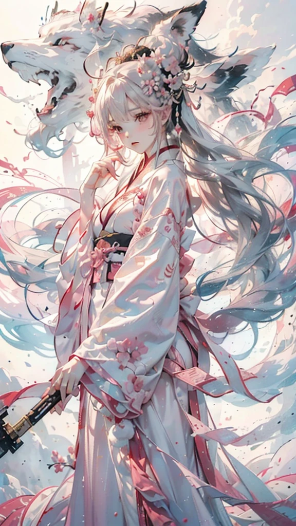 Cloud,Clouds,,Noble and elegant,Japanese nine-tailed fox girl,Long white hair flowing,Hairpin,Wearing a pink and white jumpsuit,走到Clouds樓梯中,