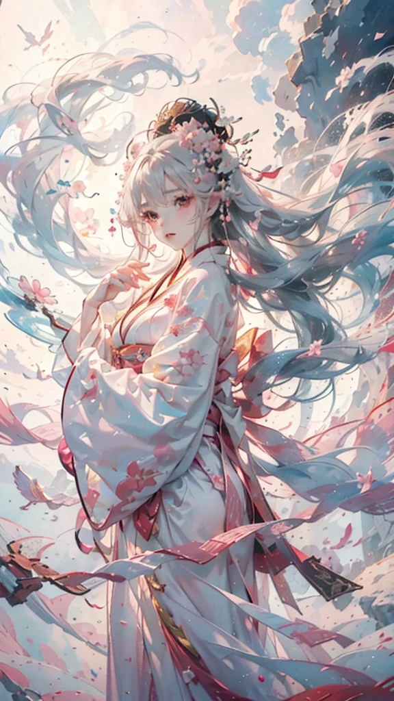 Cloud,Clouds,,Noble and elegant,Japanese nine-tailed fox girl,Long white hair flowing,Hairpin,Wearing a pink and white jumpsuit,走到Clouds樓梯中,