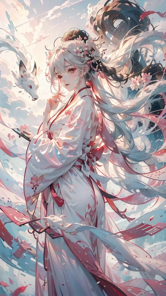 Cloud,Clouds,,Noble and elegant,Japanese nine-tailed fox girl,Long white hair flowing,Hairpin,Wearing a pink and white jumpsuit,走到Clouds樓梯中,