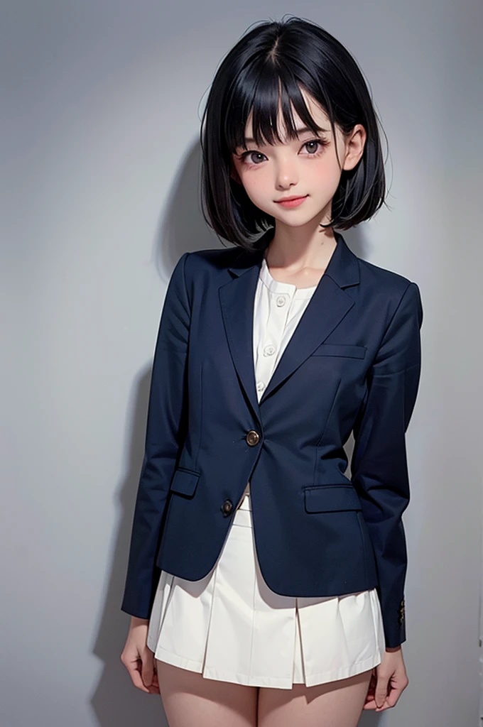 ((masterpiece, best quality, ultra-detailed, high resolution, extremely detailed CG, super detailed, Most beautiful clean lighting)), 1girl,  girl, undere girl, pretty face, smile, white skin, Beautiful black hair, hair cut in a row, bob cut, straight hair, black eyes, kawaii, slender, small build, kawaii, little body, junior schooll uniform, navy blue blazer, navy blue skirt, showing white underwear, nsfw,