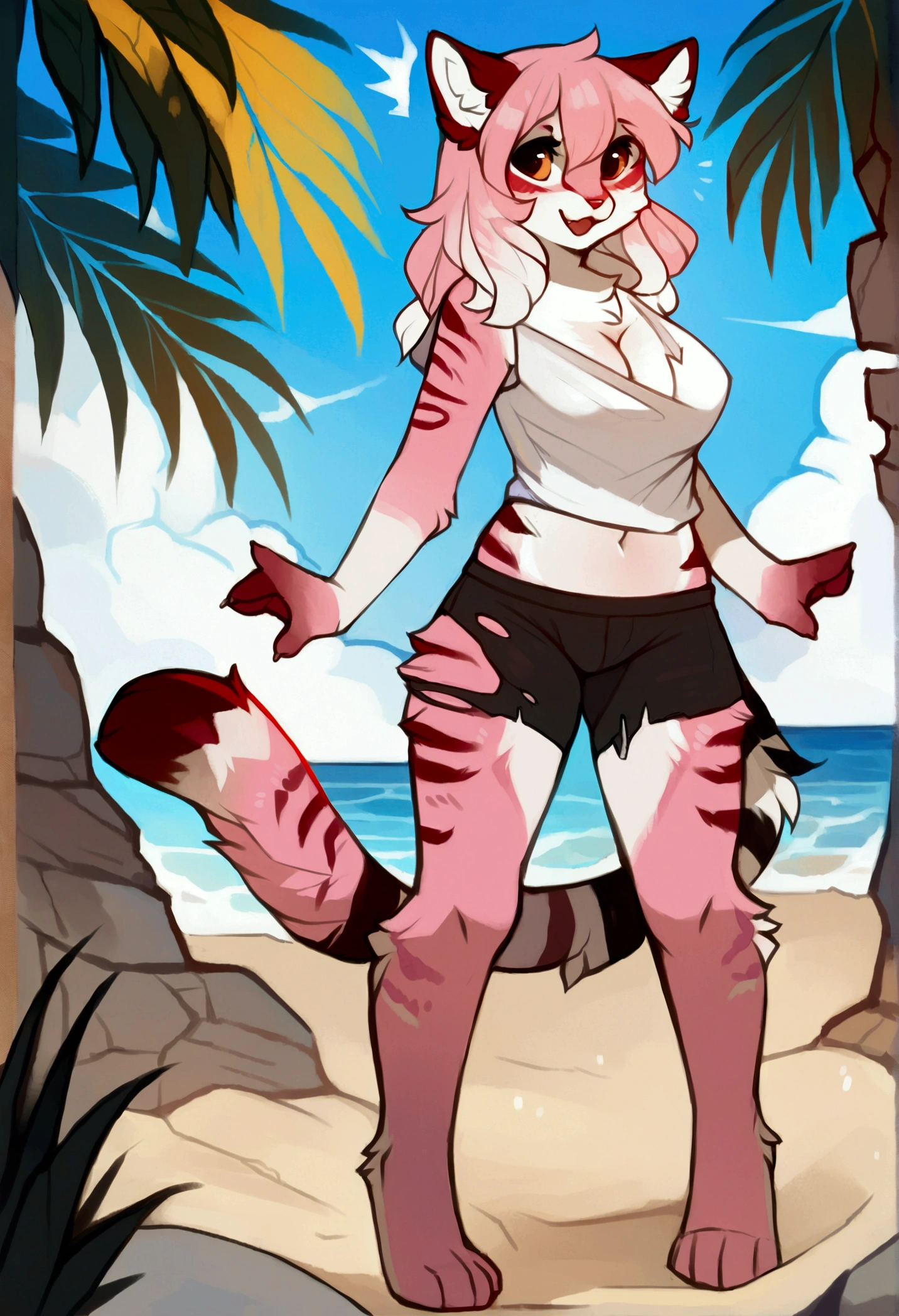Kimiko Five-Tails, furry female anthro, fox girl, white body fur, pink hair, ((goggles, pink jacket, open clothes, black bikini)), small breasts, detailed body fur, detailed body, detailed face, detailed eyes, glistering body, shiny body, skinny, :3, multiple tails, multi tail, solo, body fur, (best quality), cinematic lighting, anime style, short ponytail, scar on the eye, 2D, beach, clear sky, full body, feets with three toes, 3 toes, fight stance, high kick, pawpads, barefoot, feet focus,