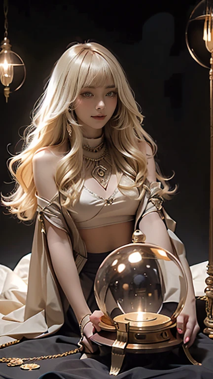 Blonde，super long wavy hair，Blunt bangs，In the dimly lit tent，Woman gazing at a large crystal ball，A gesture of enveloping a crystal ball with both hands，