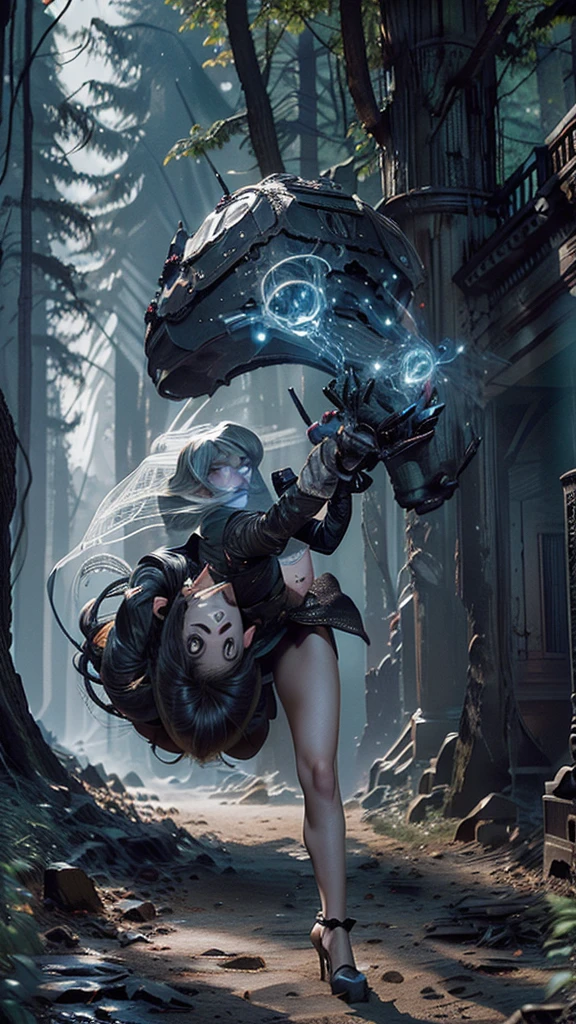 Summoning all her strength, the girl unleashes a burst of magical energy from her hand, sending the creature flying back into the shadows. The light from her attack illuminates the entire forest