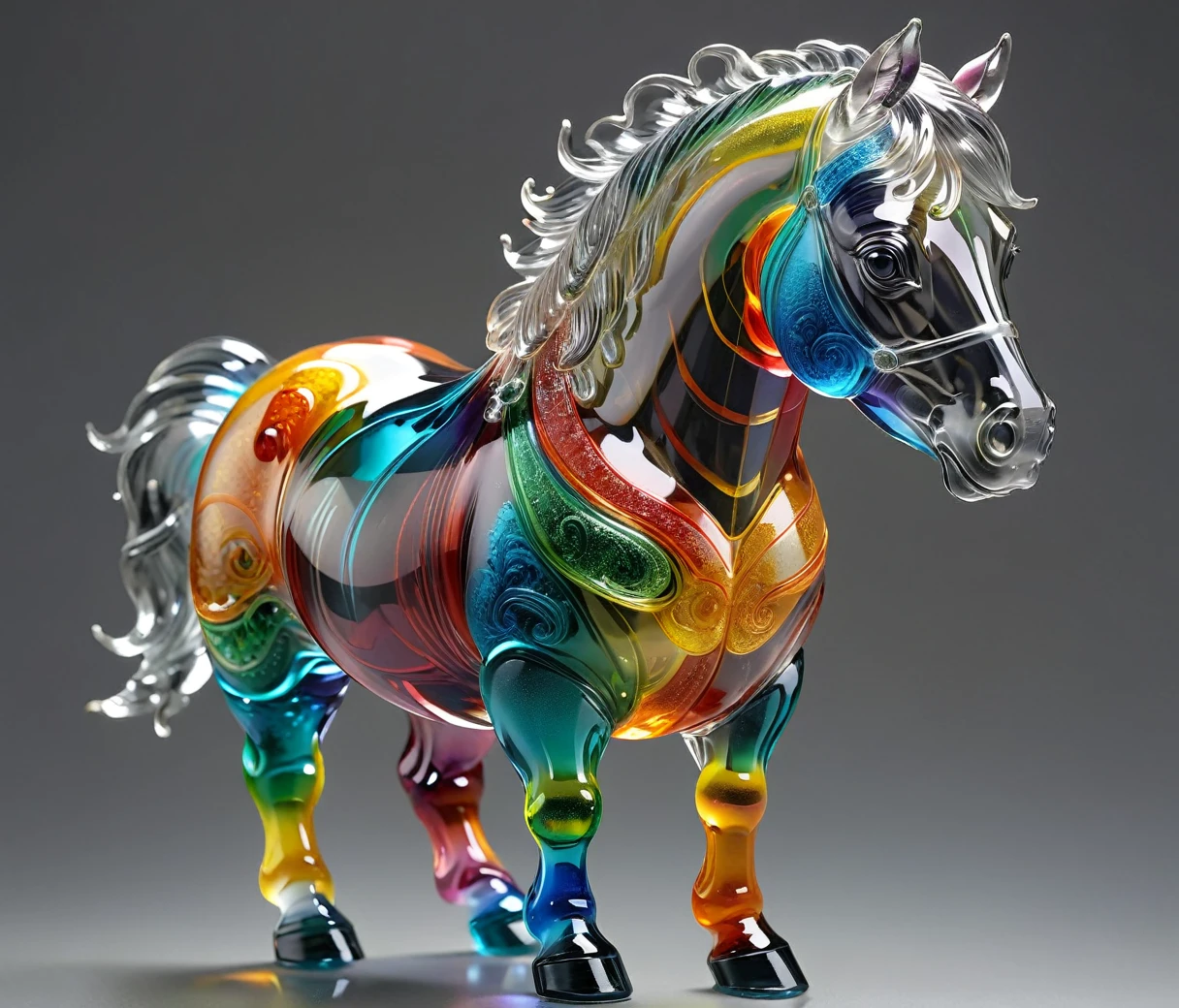 gl4ssj3m, (cute, chubby, male, horse), transparent glass sculpture, vibrant colors, done by artists such as Ruan Jia, highly detailed, intricate details, best quality, masterpiece, by Ruan Jia, depth of field, (((grey background))), detailxl