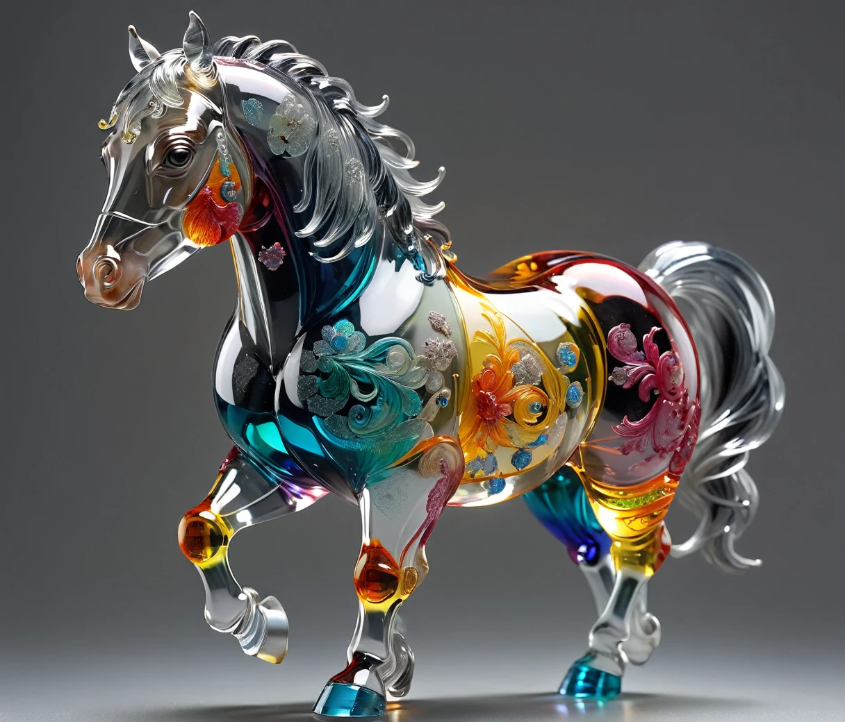 gl4ssj3m, (cute, chubby, male, horse), transparent glass sculpture, vibrant colors, done by artists such as Ruan Jia, highly detailed, intricate details, best quality, masterpiece, by Ruan Jia, depth of field, (((grey background))), detailxl