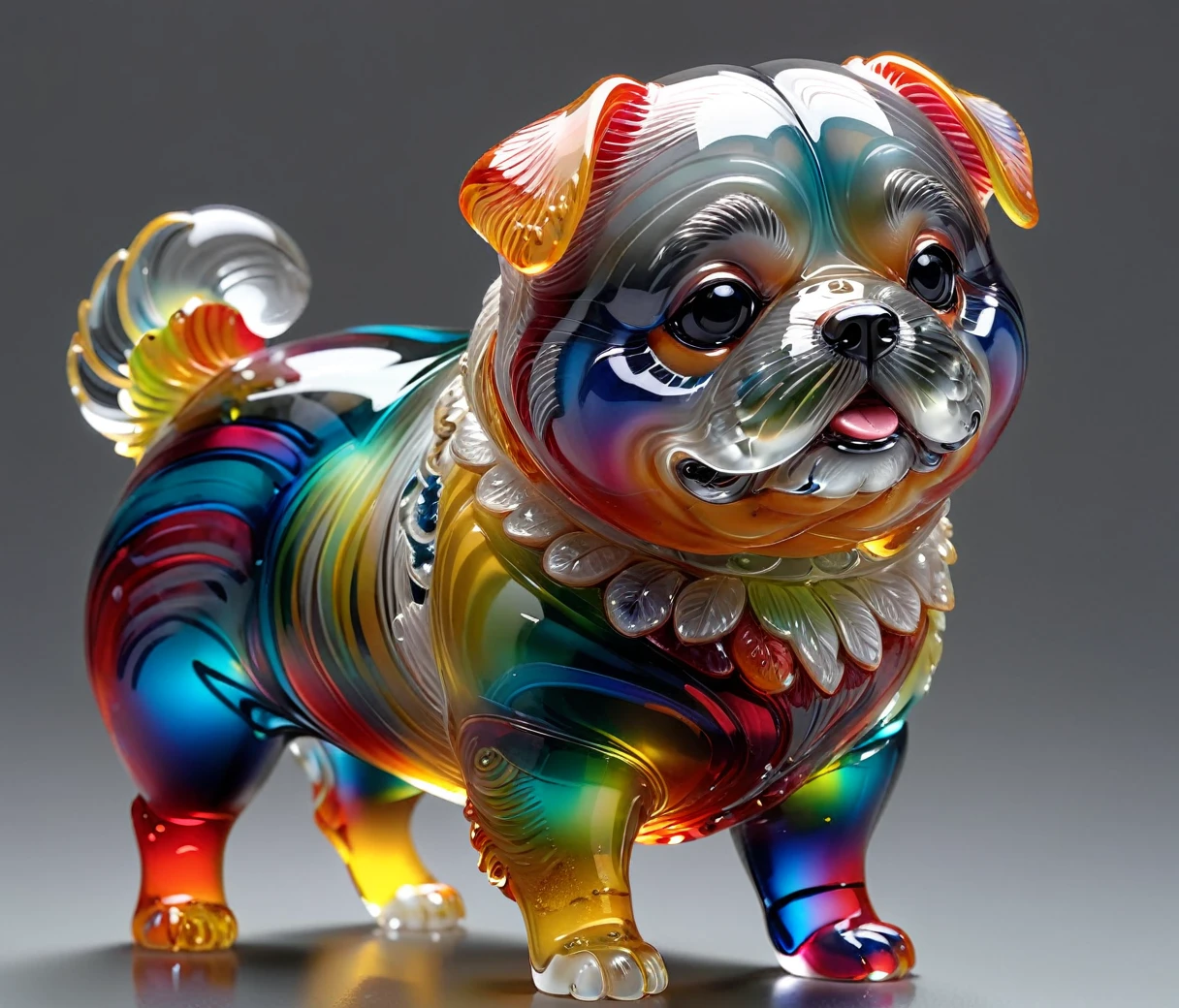 gl4ssj3m, (cute, chubby, male, dog), transparent glass sculpture, vibrant colors, done by artists such as Ruan Jia, highly detailed, intricate details, best quality, masterpiece, by Ruan Jia, depth of field, (((grey background))), detailxl