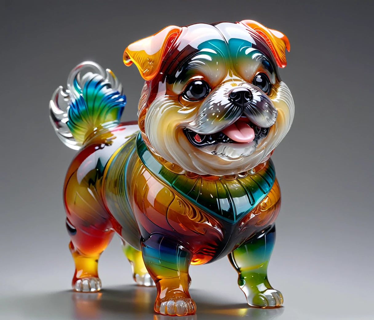 gl4ssj3m, (cute, chubby, male, dog), transparent glass sculpture, vibrant colors, done by artists such as Ruan Jia, highly detailed, intricate details, best quality, masterpiece, by Ruan Jia, depth of field, (((grey background))), detailxl