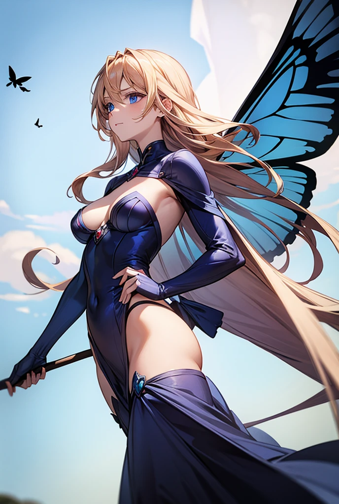 
Masterpiece, Best Quality, Detail, A beautiful fairy long blonde hair blue eyes small breasts butterfly wings superheroine 