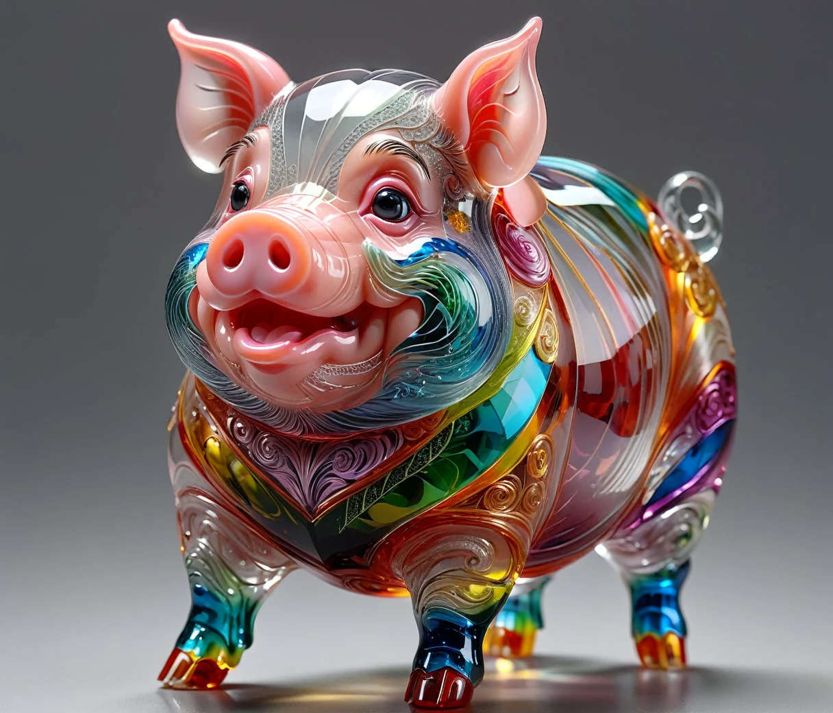 gl4ssj3m, (cute, chubby, male, pig), transparent glass sculpture, vibrant colors, done by artists such as Ruan Jia, highly detailed, intricate details, best quality, masterpiece, by Ruan Jia, depth of field, (((grey background))), detailxl