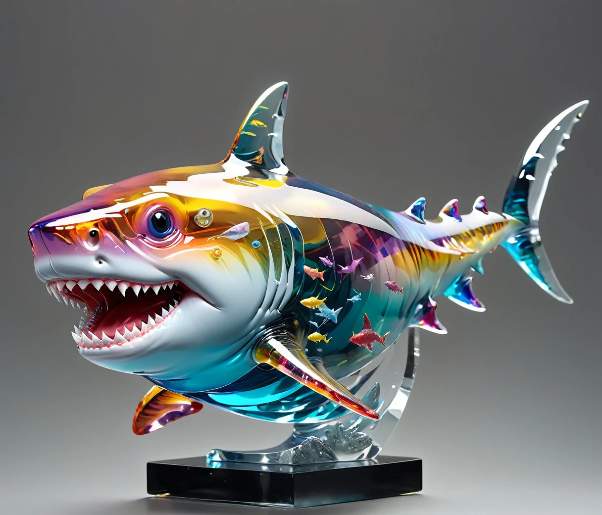 gl4ssj3m, (cute, chubby, male, shark), transparent glass sculpture, vibrant colors, done by artists such as Ruan Jia, highly detailed, intricate details, best quality, masterpiece, by Ruan Jia, depth of field, (((grey background))), detailxl