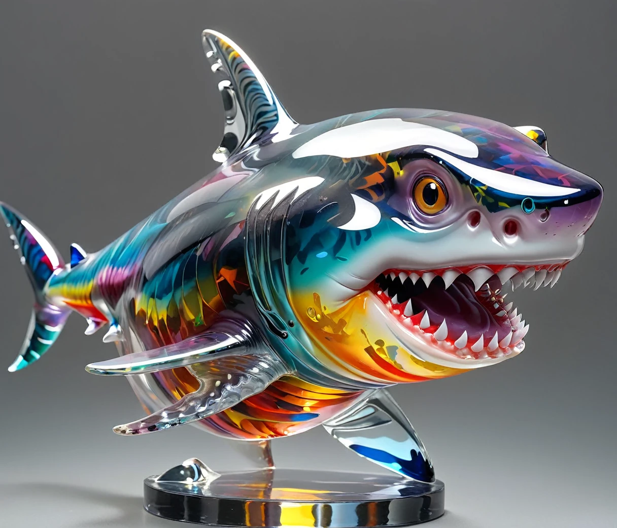 gl4ssj3m, (cute, chubby, male, shark), transparent glass sculpture, vibrant colors, done by artists such as Ruan Jia, highly detailed, intricate details, best quality, masterpiece, by Ruan Jia, depth of field, (((grey background))), detailxl