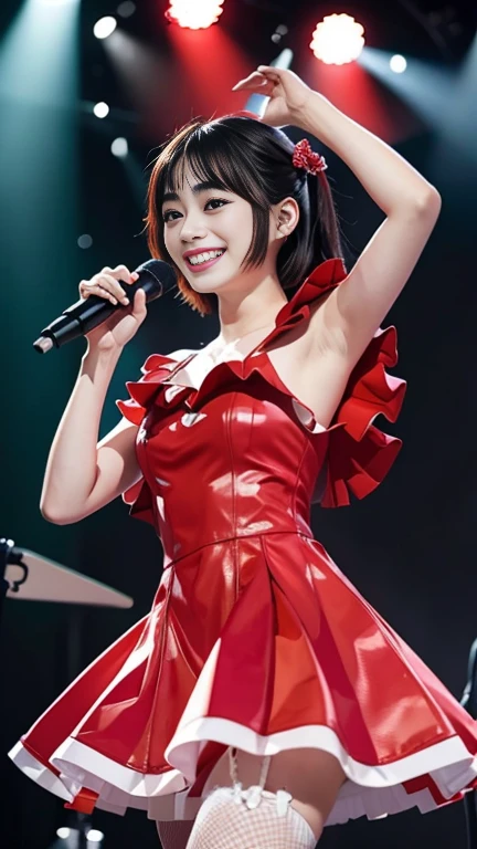 Japanese Idols、、Suzu Hirose lookalike、1、Cute Smile, , Dynamic Lighting,, Red costume,,Holding the microphone and singing on stage:1.5),