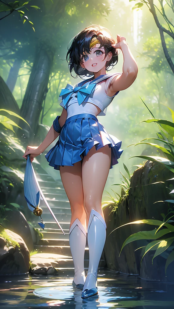 (Woman close up)、((A depiction of the whole body))、10 generations of women、Pink Lip Gloss、smile、blush、(Open the lipstick a little、High resolution、16K))、(((In the forest)))、(((Perfect cosplay of Sailor Mercury)))、One girl, solo, High resolution, Anatomically correct, Highest quality, (((Depict from head to foot)))、白いロンググローブ、滝にいる