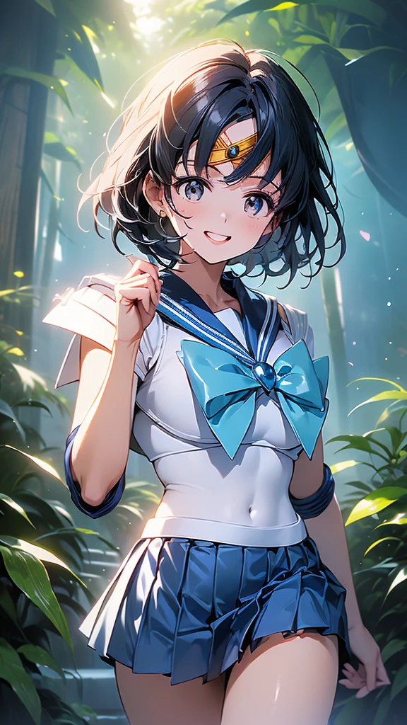 (Woman close up)、((A depiction of the whole body))、10 generations of women、Pink Lip Gloss、smile、blush、(Open the lipstick a little、High resolution、16K))、(((In the forest)))、(((Perfect cosplay of Sailor Mercury)))、One girl, solo, High resolution, Anatomically correct, Highest quality, (((Depict from head to foot)))、白いロンググローブ、滝にいる