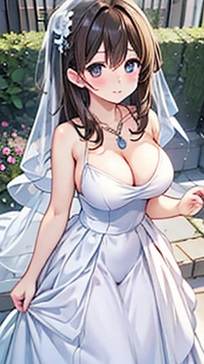 (masterpiece, Highest quality, Absil Dress, Game CG, figure), One girl, alone, mayu kuroe, Beautiful attention to detail, Are standing, city, garden, Wedding dress, jewelry, necklace,Large Breasts