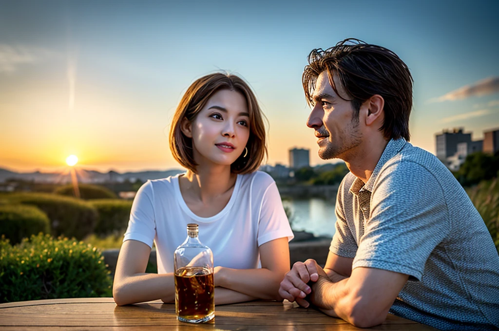 (Realistic, 超Realistic:1.4), 16k hdr, High resolution,Brown short hair,The best smile、Japanese actress,Super Beauty(Like the real thing),Short sleeve dress,Whiskey bottles、The Macallan、Johnnie Walker、、Old Parr、whiskey、Suntory、Nikka、Slim couple、Model Couple、(Realistic, Intricate details:1.2), full-course dinner、Whiskey bottle and glass on the table、Single Malt、scotch、Rocks glass、Shot Glass、Whisky on the Rock、Scotland、Amazing view of the sunset sky and clouds、,Digital single-lens reflex camera, Soft lighting, Detailed Background, Written boundary depth, Volumetric lighting, Sharp focus, super Realistic 肌,super beautiful expression,Cloud Effect:1.2、プロ品質のHigh resolution、Realistic facial features,Highest quality,Slim figure,Highly detailed face,Highly detailed eyes,Beautiful Lips,Excellent light particles,Cinema Lighting,blue eyes,