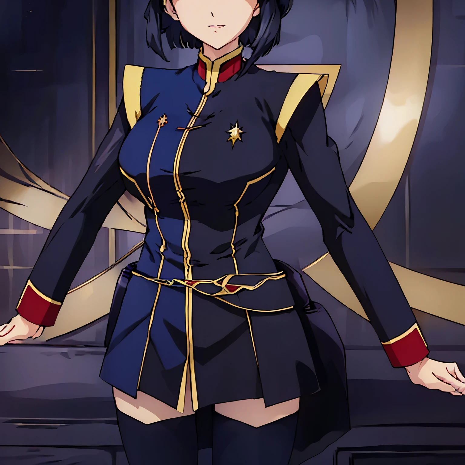 (best quality), (highly detailed), masterpiece, (official art), dynamic pose, standing at attention, Black uniform, military, military uniform, long sleeves, 1girl, large breasts, huge breast, kotomi takanashi, black hair, short hair, black eyes