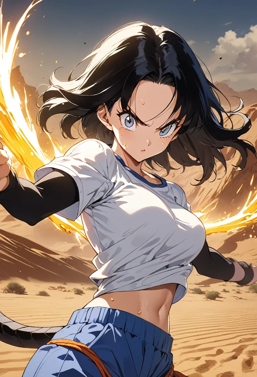 masterpiece, Highest quality, High resolution, (Videl),1990s \(style\),(E-cup beautiful breasts)、 (tall:1.2),height: 160cm,Fashion model body type,Sweating all over the body、Muscular、((sexy))、(nsfw),独奏,Anime-style painting style, blonde,   White shirt, Short sleeve, Long twin tail hair, A composition that focuses on the whole body,(Cool face)、(Pointed Eyes),Big eyes,Cinematic lighting,Ultra-fine,The background is the desert,magnificent view,Battle Scenes,A dynamic pose,Shoot energy bullets from your hands、A golden aura appears around your body,Dragon Ball concept art,Kamehameha、Dust clouds fly、Multiple injuries to the skin、Clothes get torn in places