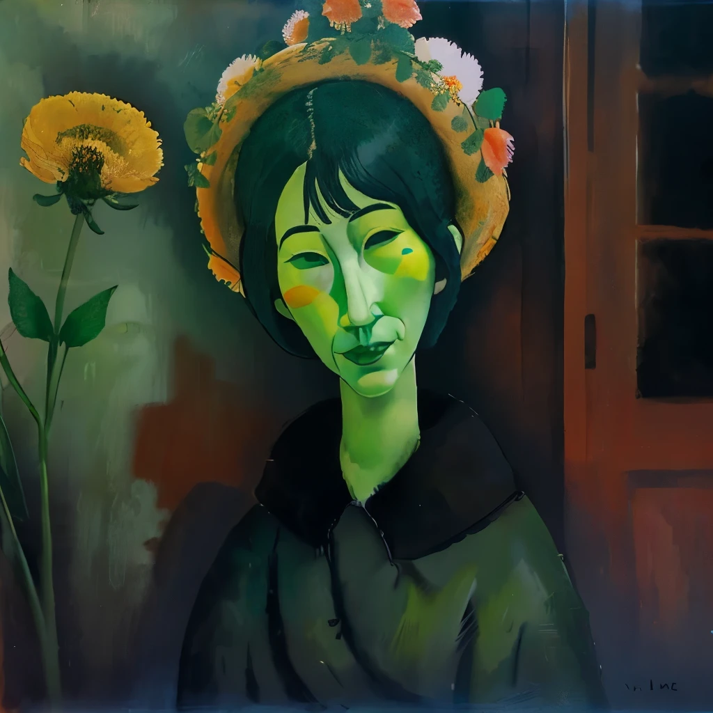 A woman with a green face hiding among the flowers、Can be viewed