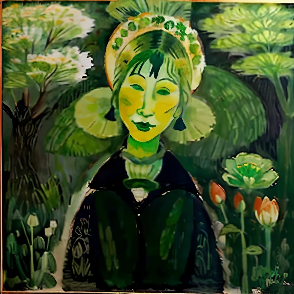 A woman with a green face hiding among the flowers、Can be viewed