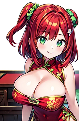 Highest quality, masterpiece, Highly detailed CG, Official Art , Professional Lighting, sakimiyairuka, (One side up), Green scrunchie, hair ornaments, Redhead, Green Eyes, Perfect Face, Glowing Skin, smile,(China dress), Are standing,Large Breasts