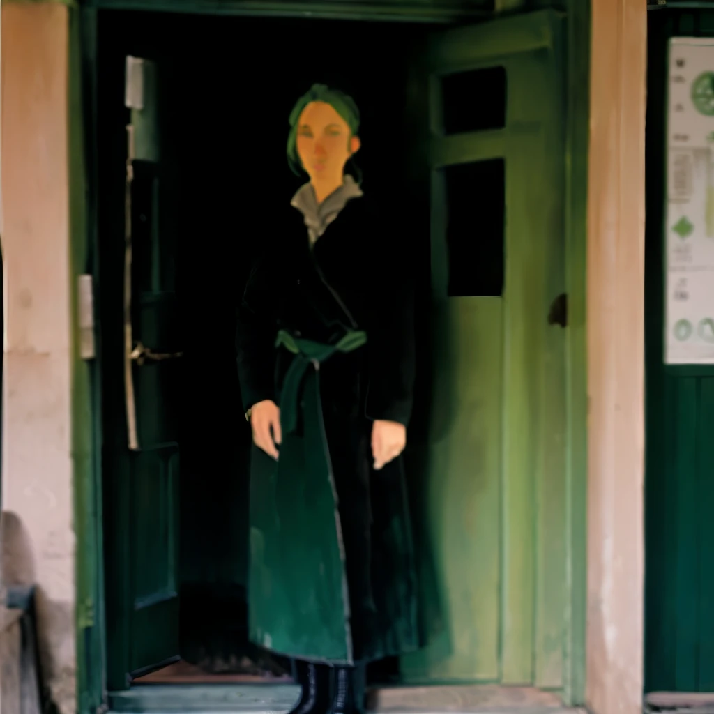 Woman standing in front of a green door、Can be viewed