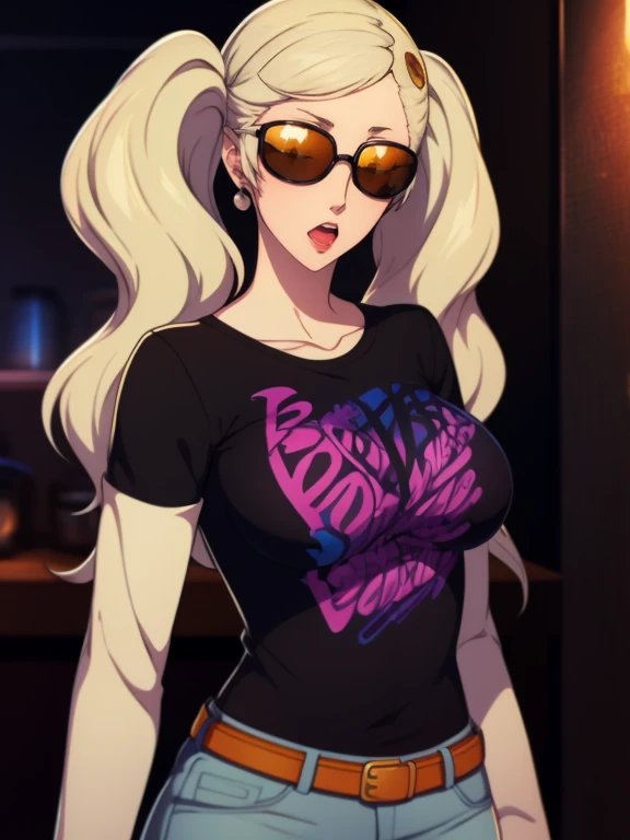 AnnTak, twintails, blue eyes, blonde hair  ,earrings ,lipstick, eye shadow , 1girl, solo, black t-shirt, white shirt, blue jeans, belt, lipstick, large breasts, sunglasses