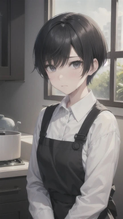 slender,boyish,Married women,Sad face、Crying face、Black Hair、whole body,Portraits,short hair,Very short hair,frontview,Apron appearance、kitchen
