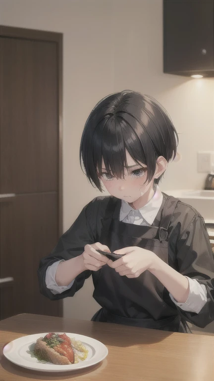 slender,boyish,Married women,mother、Sad face、Crying face、Black Hair、whole body,Portraits,short hair,Very short hair,frontview,Apron appearance、kitchen
