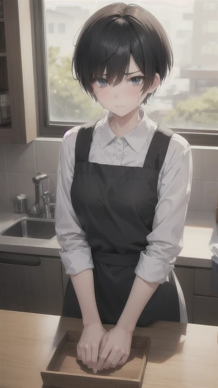 slender,boyish,Married women,mother、Sad face、Crying face、Black Hair、whole body,Portraits,short hair,Very short hair,frontview,Apron appearance、kitchen
