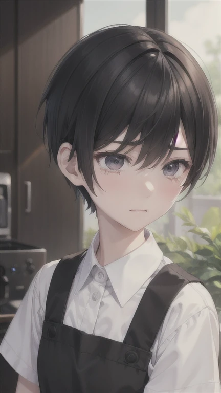 slender,boyish,Married women,mother、Sad face、Crying face、Black Hair、whole body,Portraits,short hair,Very short hair,frontview,Apron appearance、kitchen
