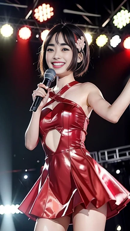 Japanese Idols、、Suzu Hirose lookalike、1、Cute Smile, , Dynamic Lighting,, Red costume,,Holding the microphone and singing on stage:1.5),