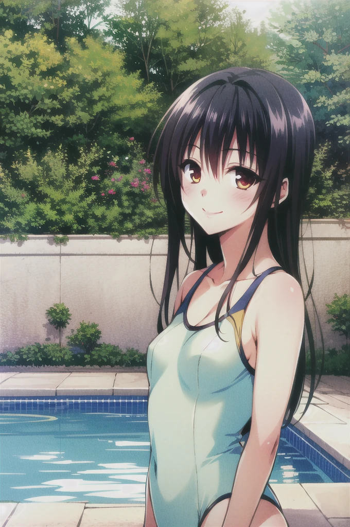 One girl,  Kotegawa Yui, alone, Long Hair,Swimsuit,Black Hair, Outdoor,  whole body, View your viewers, High resolution, masterpiece, Anatomically correct, Highest quality, Very detailed, Pool,The background is blue sky,solo, smile, 