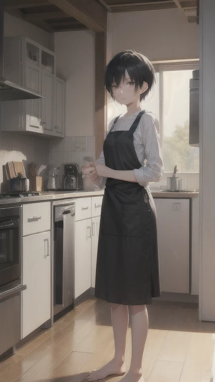 naked、nude、slender,boyish,Married women,mother、Sad face、Crying face、Black Hair、whole body,Portraits,short hair,Very short hair,frontview,Apron appearance、kitchen
