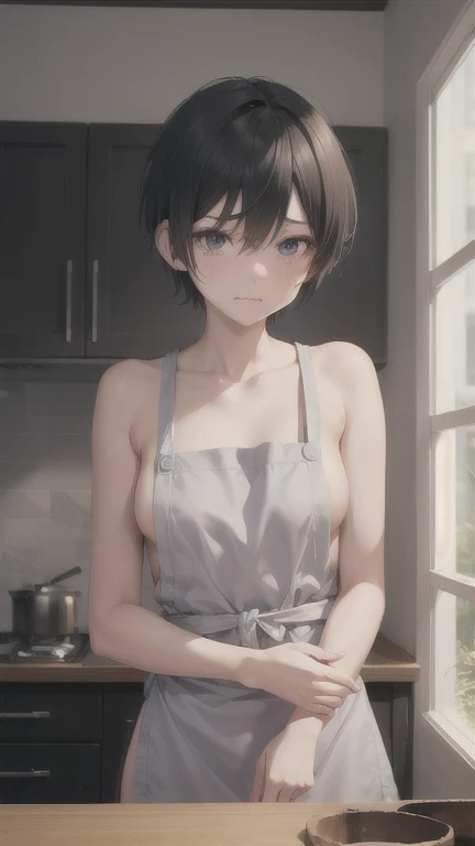 naked、nude、slender,boyish,Married women,mother、Sad face、Crying face、Black Hair、whole body,Portraits,short hair,Very short hair,frontview,Apron appearance、kitchen
