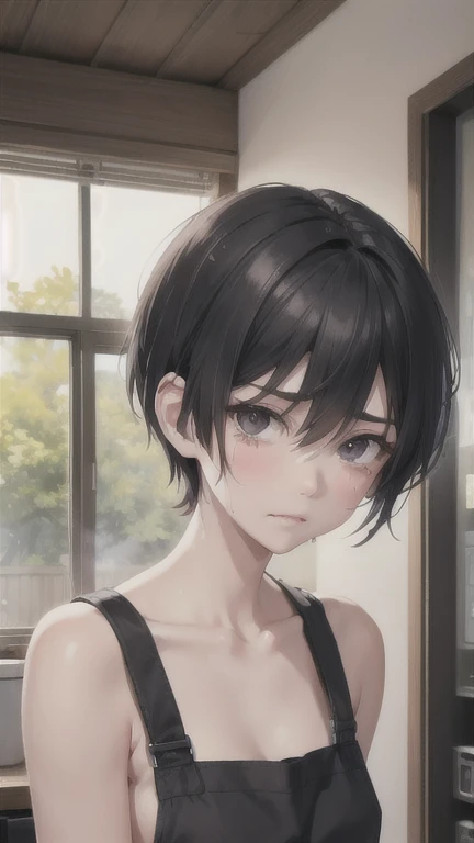 Half naked、slender,boyish,Married women,mother、Sad face、Crying face、Black Hair、whole body,Portraits,short hair,Very short hair,frontview,Apron appearance、kitchen
