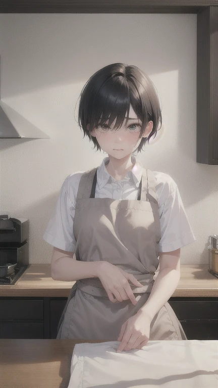 Half naked、slender,boyish,Married women,mother、Sad face、Crying face、Black Hair、whole body,Portraits,short hair,Very short hair,frontview,Apron appearance、kitchen
