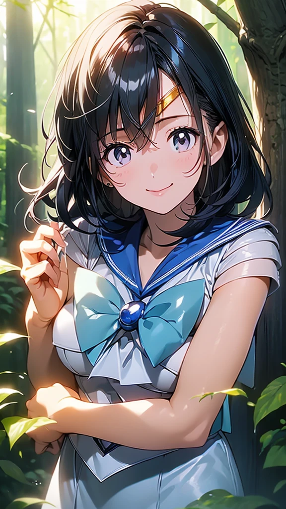 (Woman close up)、((A depiction of the whole body))、10 generations of women、Pink Lip Gloss、smile、blush、(Open the lipstick a little、High resolution、16K))、(((In the forest)))、(((Perfect cosplay of Sailor Mercury)))、One girl, solo, High resolution, Anatomically correct, Highest quality, (((Depict from head to foot)))、白いロンググローブ、滝にいる