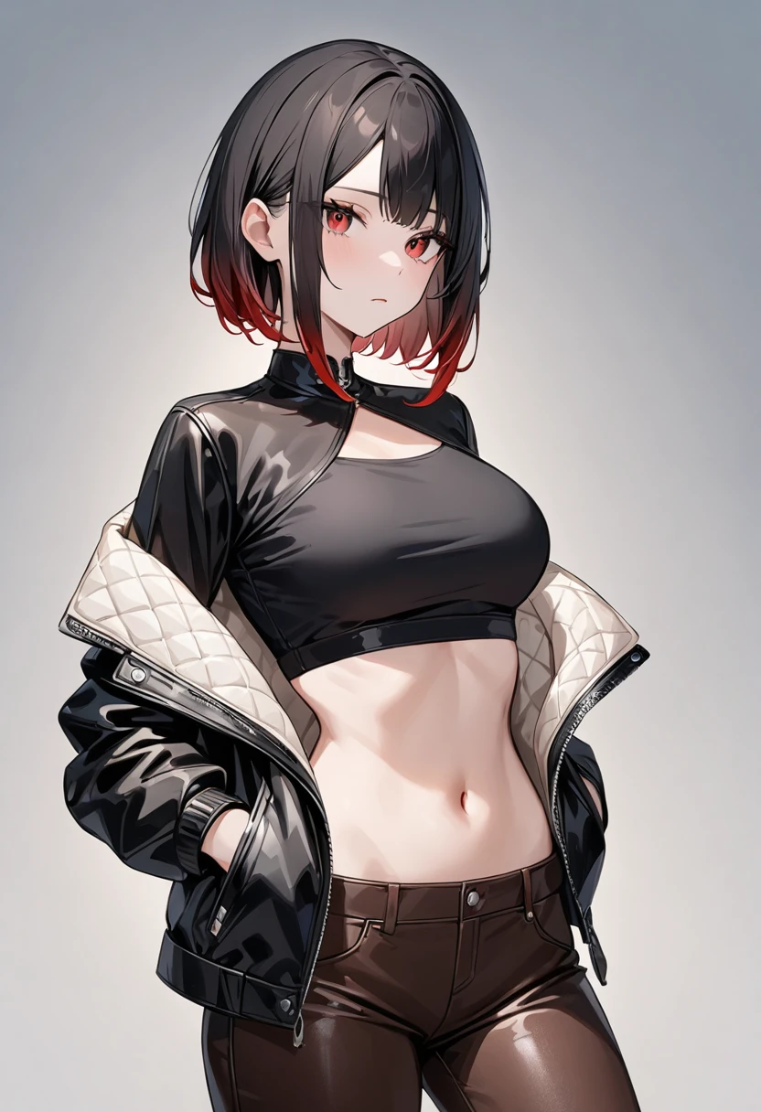 Girl with long pointed ears, short black hair, duendecillo haircut, Red eyes, antlers on the head, wide trousers, with a naked torso showing her breasts