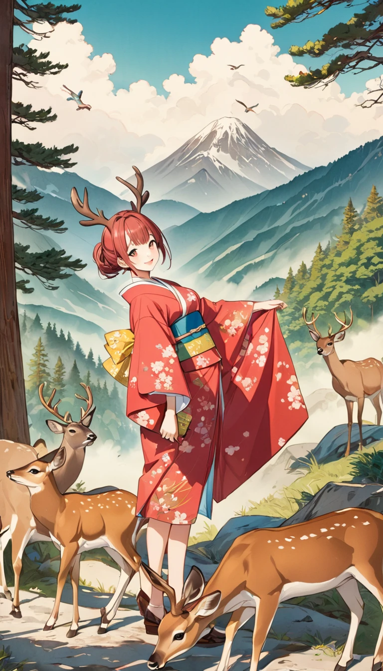 young woman, Kimono Beauty, Marugaku,Look at me and smile,  (Big Pine Tree, Green Mountain, deer, bird,  White cloud), Japanese painting style, Illustration art, art，advertisement，Colored pencil drawing，Draft, 