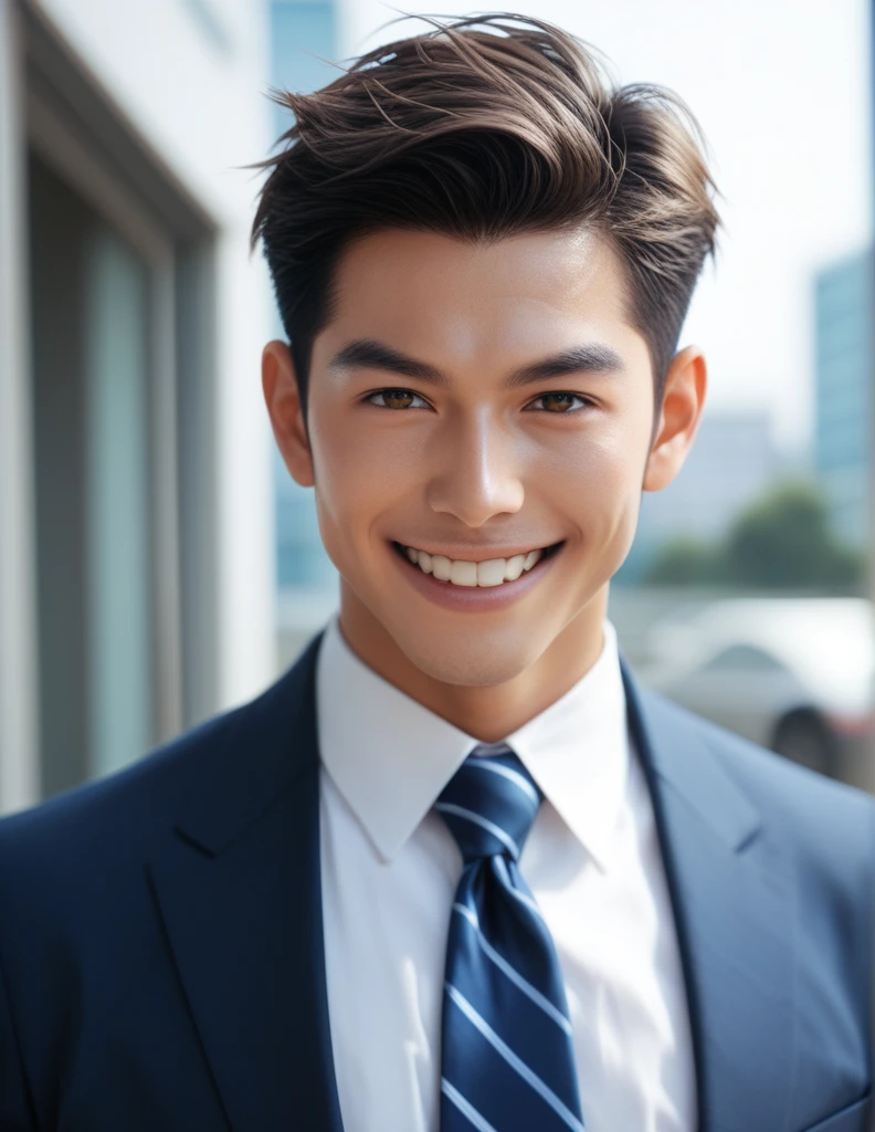 Highest photo quality、Very complex and detailed、Japanese、Male in his early 30s、Natural smile with visible teeth、The most detailed and realistic office building meeting room、business suit、Extend one&#39;s hand to shake with a business partner、View your viewers、Ultra HD、Ultra HD Shining Eyes、Glowing white beautiful skin