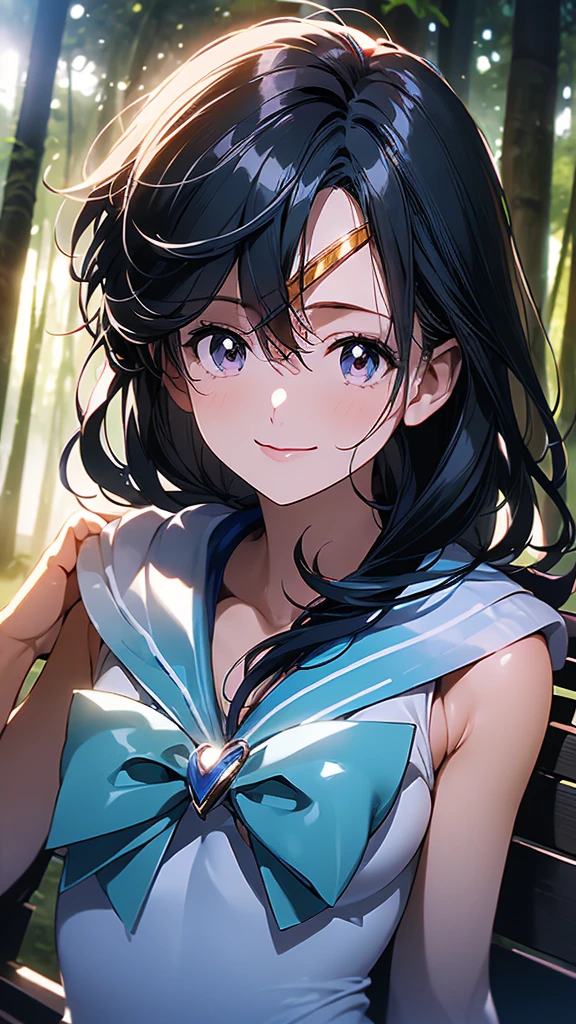 (Woman close up)、((A depiction of the whole body))、10 generations of women、Pink Lip Gloss、smile、blush、(Open the lipstick a little、High resolution、16K))、(((In the forest)))、(((Perfect cosplay of Sailor Mercury)))、One girl, solo, High resolution, Anatomically correct, Highest quality, (((Depict from head to foot)))、白いロンググローブ、滝にいる