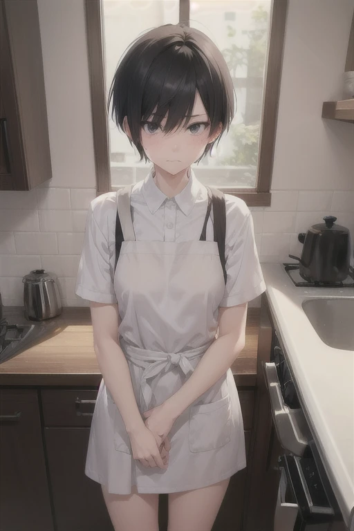 Half naked、slender,boyish,Married women,mother、Sad face、Crying face、Black Hair、whole body,Portraits,short hair,Very short hair,frontview,Apron appearance、kitchen
