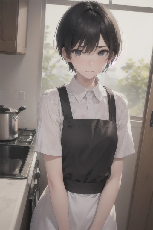 Half naked、slender,boyish,Married women,mother、Sad face、Crying face、Black Hair、whole body,Portraits,short hair,Very short hair,frontview,Apron appearance、kitchen
