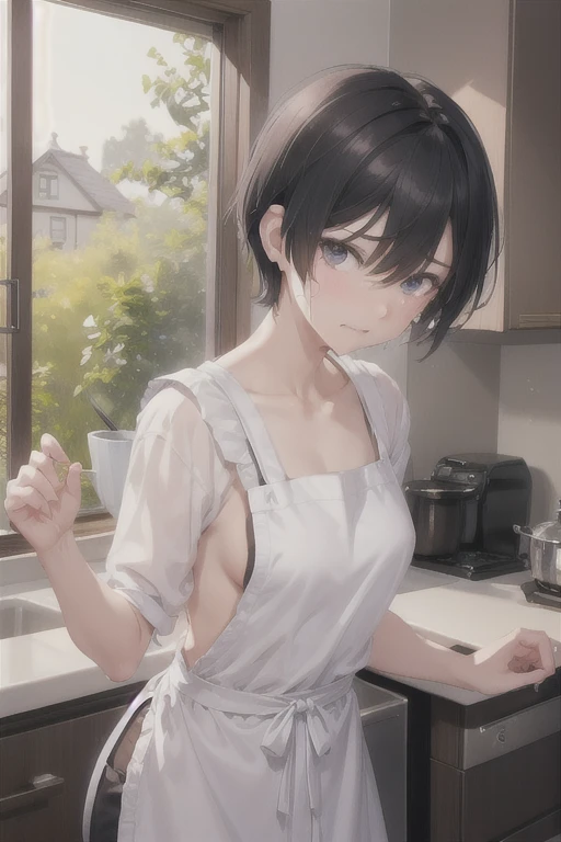 Half naked、slender,boyish,Married women,mother、Sad face、Crying face、Black Hair、whole body,Portraits,short hair,Very short hair,frontview,Apron appearance、kitchen
