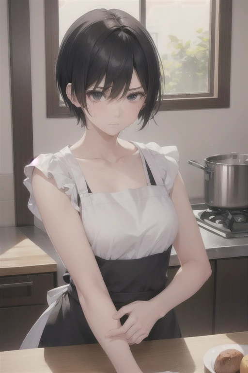 Half naked、slender,boyish,Married women,mother、Sad face、Crying face、Black Hair、whole body,Portraits,short hair,Very short hair,frontview,Apron appearance、kitchen
