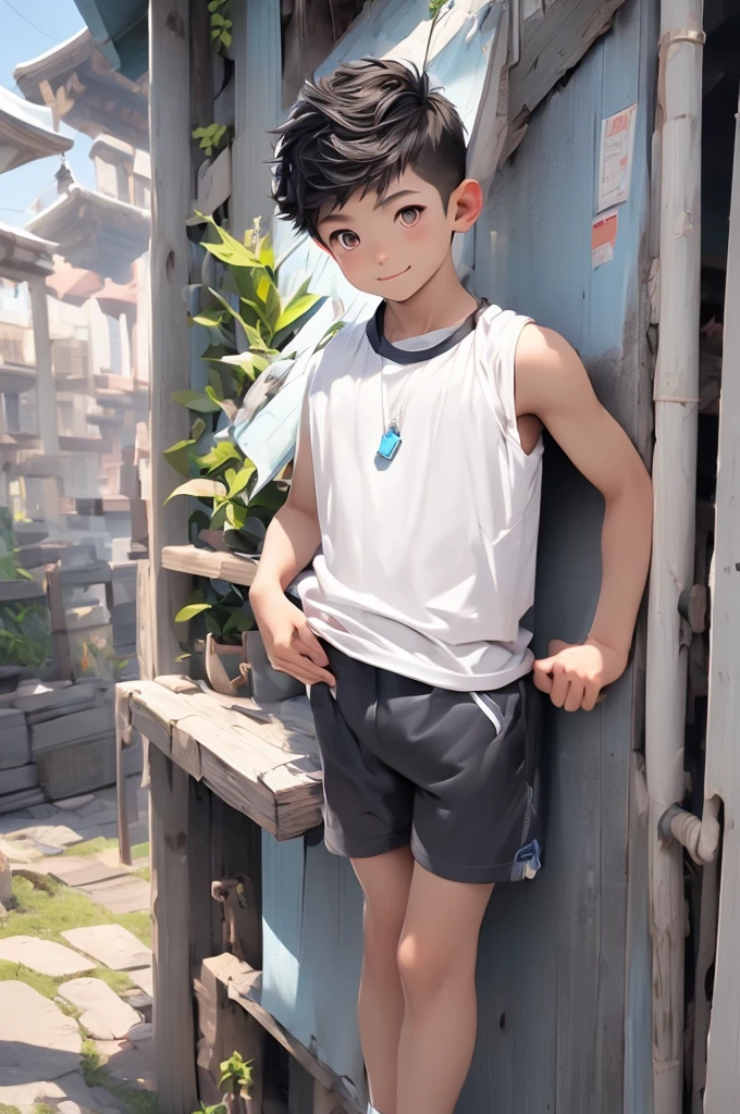 (Shota:1.5),(((Highest quality))),(((masterpiece))),(((Very detailed))),(((High resolution))),One person,Short sleeveＴshirt,Short shorts,White socks,Blue sneakers,Cheerful boy,Japanese,Very Short Hair,Black Hair,(Point pupils),Skinny body,Baby Face,smile