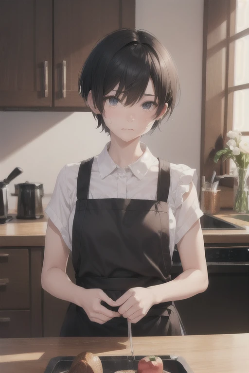 nude、Half naked、slender,boyish,Married women,mother、Sad face、Crying face、Black Hair、whole body,Portraits,short hair,Very short hair,frontview,Apron appearance、kitchen
