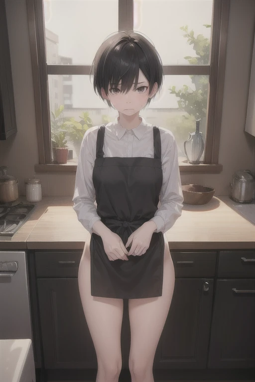 nude、Half naked、slender,boyish,Married women,mother、Sad face、Crying face、Black Hair、whole body,Portraits,short hair,Very short hair,frontview,Apron appearance、kitchen
